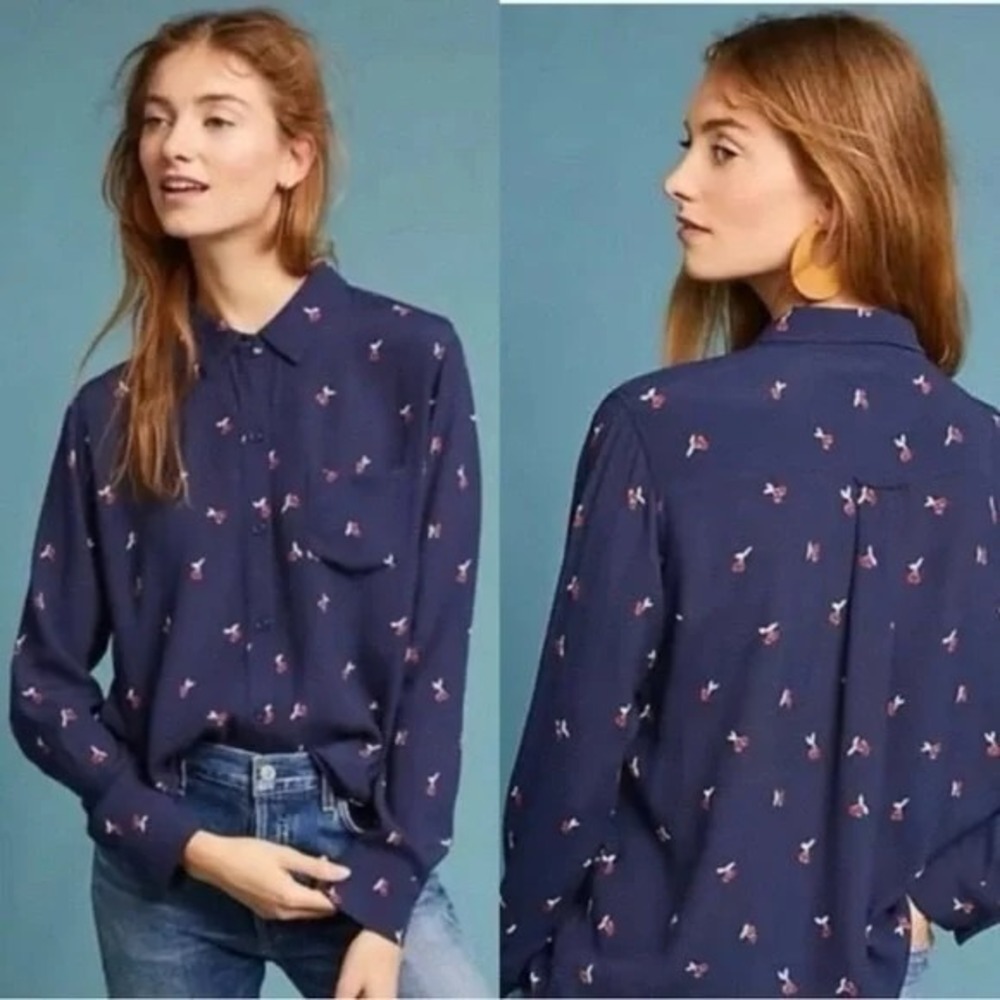 Rails Kate Navy Blue Cherries Shirt Button Up Rayon Cherry Novelty Print XS B34 - Picture 3 of 14